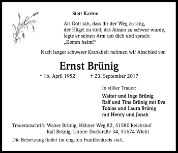 Anzeige von Ernst Brünig von Kölner Stadt-Anzeiger / Kölnische Rundschau / Express