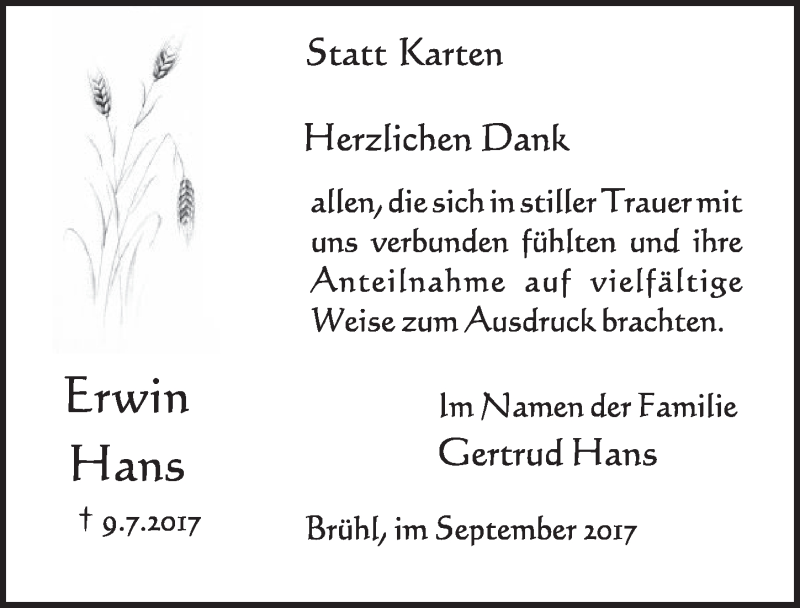  Traueranzeige für Erwin Hans vom 06.09.2017 aus  Schlossbote/Werbekurier 