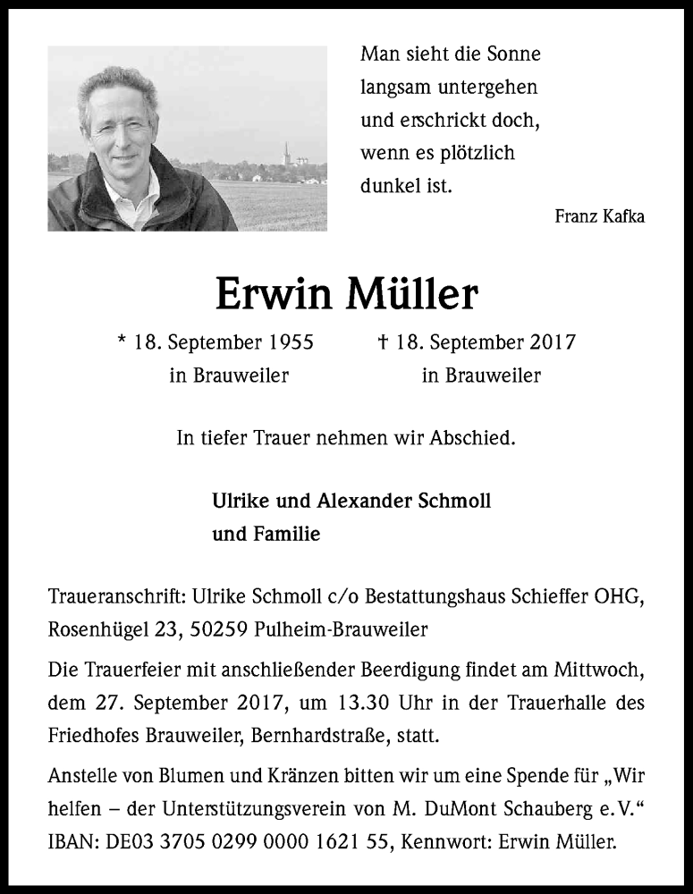  Traueranzeige für Erwin Müller vom 23.09.2017 aus Kölner Stadt-Anzeiger / Kölnische Rundschau / Express