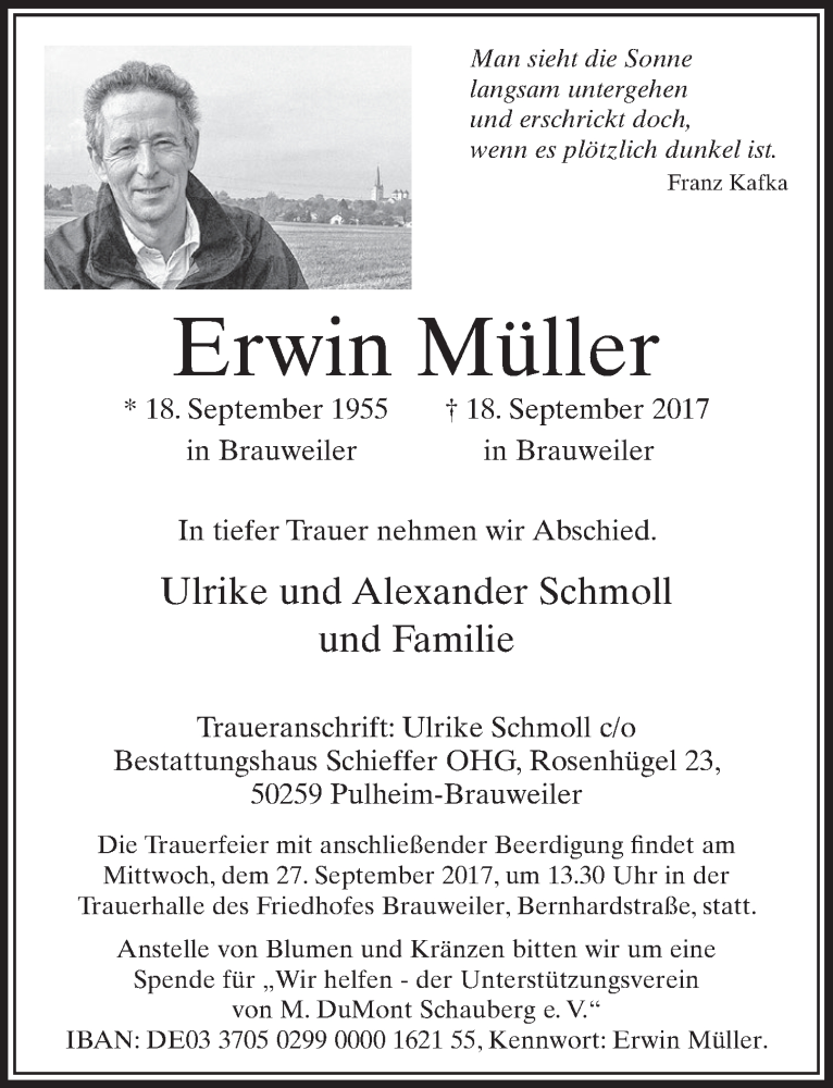  Traueranzeige für Erwin Müller vom 23.09.2017 aus  Sonntags-Post 