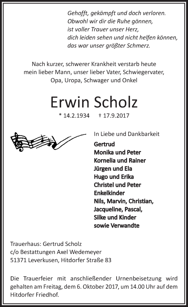  Traueranzeige für Erwin Scholz vom 27.09.2017 aus  Lokale Informationen 