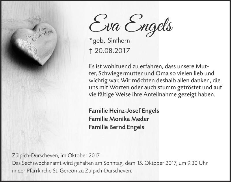  Traueranzeige für Eva Engels vom 30.09.2017 aus  Blickpunkt Euskirchen 