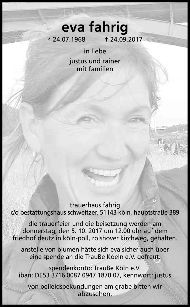  Traueranzeige für Eva Fahrig vom 30.09.2017 aus Kölner Stadt-Anzeiger / Kölnische Rundschau / Express