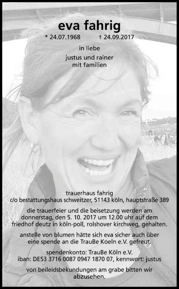 Anzeige von Eva Fahrig von Kölner Stadt-Anzeiger / Kölnische Rundschau / Express