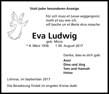 Anzeige von Eva Ludwig von Kölner Stadt-Anzeiger / Kölnische Rundschau / Express