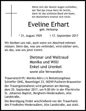 Anzeige von Eveline Erhart von Kölner Stadt-Anzeiger / Kölnische Rundschau / Express