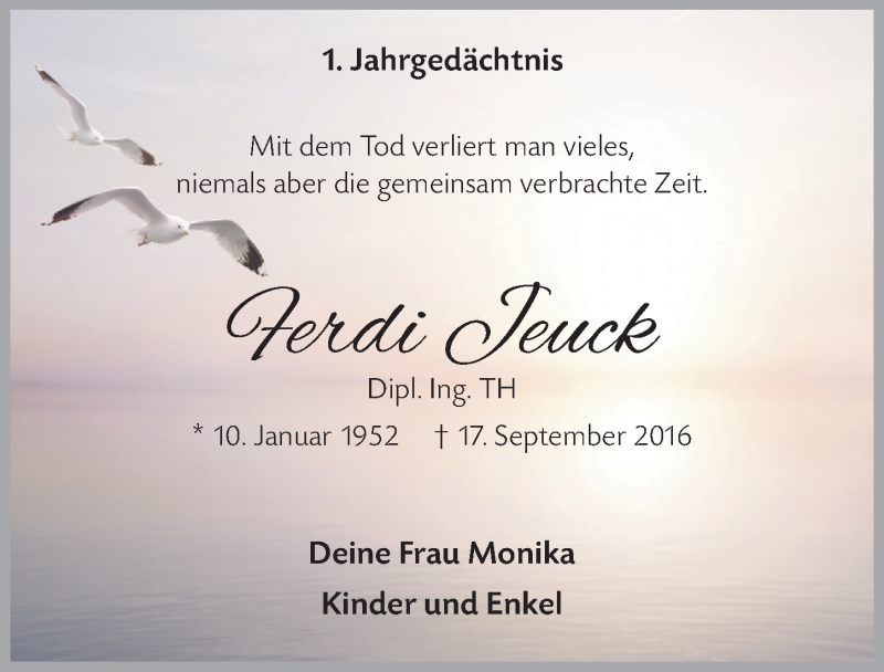  Traueranzeige für Ferdi Jeuck vom 16.09.2017 aus  Leverkusener Wochenende 