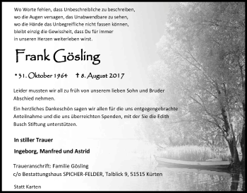 Anzeige von Frank Gösling von Kölner Stadt-Anzeiger / Kölnische Rundschau / Express
