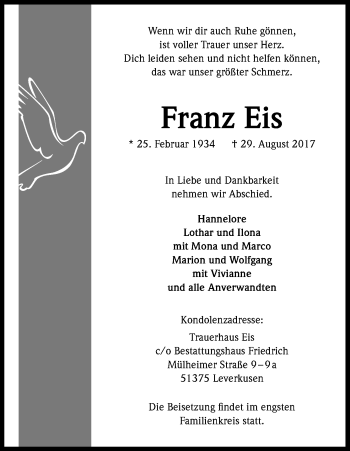 Anzeige von Franz Eis von Kölner Stadt-Anzeiger / Kölnische Rundschau / Express