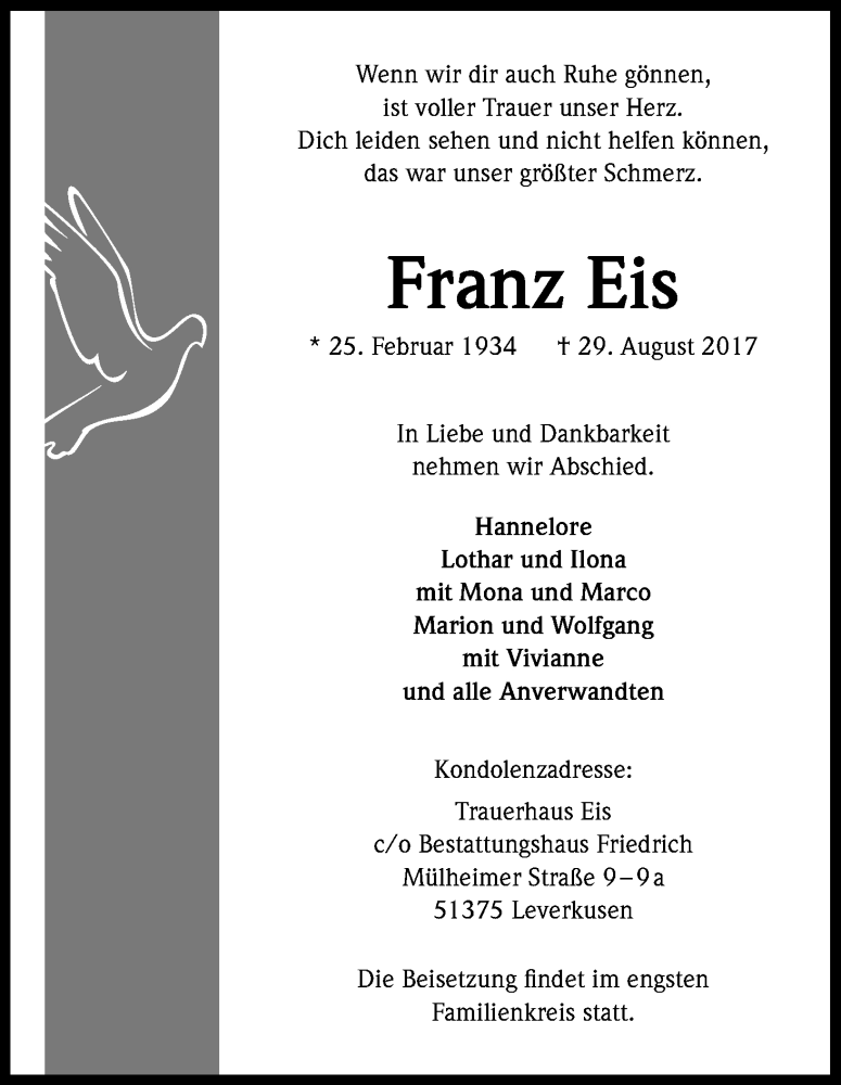  Traueranzeige für Franz Eis vom 09.09.2017 aus Kölner Stadt-Anzeiger / Kölnische Rundschau / Express
