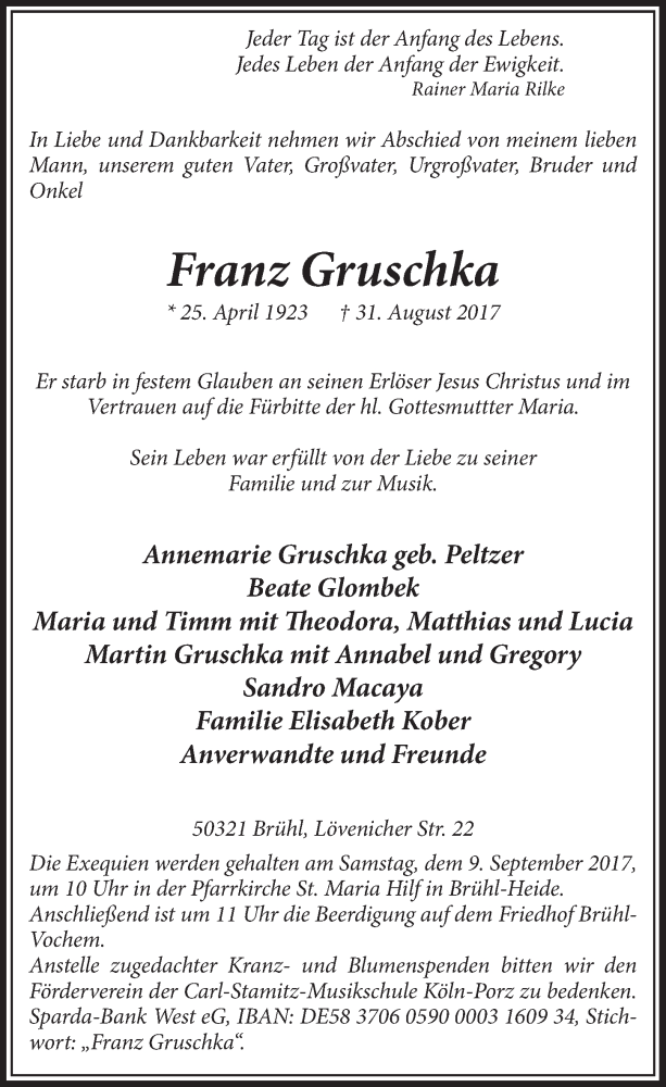  Traueranzeige für Franz Gruschka vom 06.09.2017 aus  Schlossbote/Werbekurier 