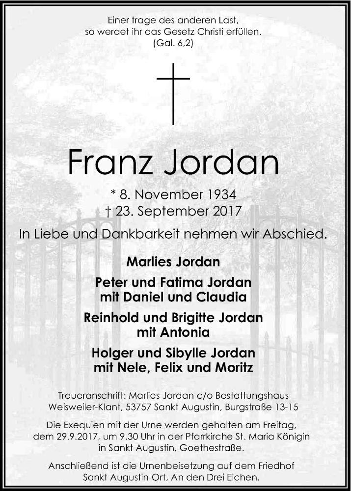  Traueranzeige für Franz Jordan vom 26.09.2017 aus Kölner Stadt-Anzeiger / Kölnische Rundschau / Express