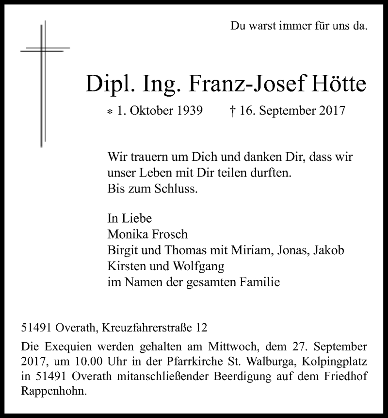  Traueranzeige für Franz-Josef Hötte vom 23.09.2017 aus Kölner Stadt-Anzeiger / Kölnische Rundschau / Express