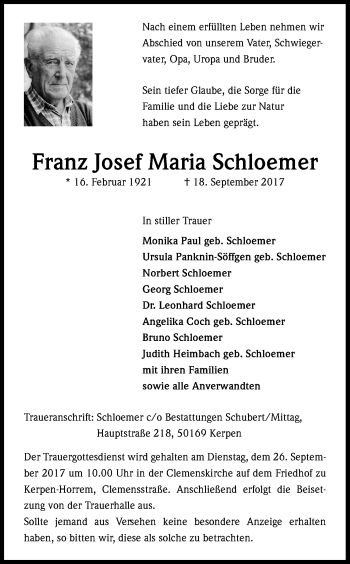 Anzeige von Franz-Josef-Maria Schloemer von Kölner Stadt-Anzeiger / Kölnische Rundschau / Express