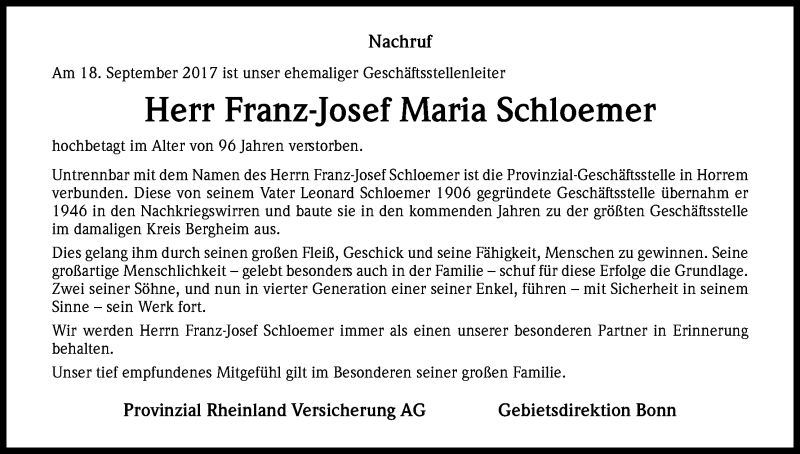  Traueranzeige für Franz-Josef Maria Schloemer vom 30.09.2017 aus Kölner Stadt-Anzeiger / Kölnische Rundschau / Express