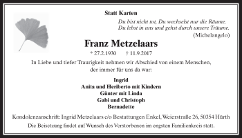 Anzeige von Franz Metzelaars von  Wochenende 