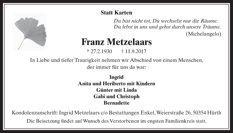  Traueranzeige für Franz Metzelaars vom 20.09.2017 aus  Wochenende 