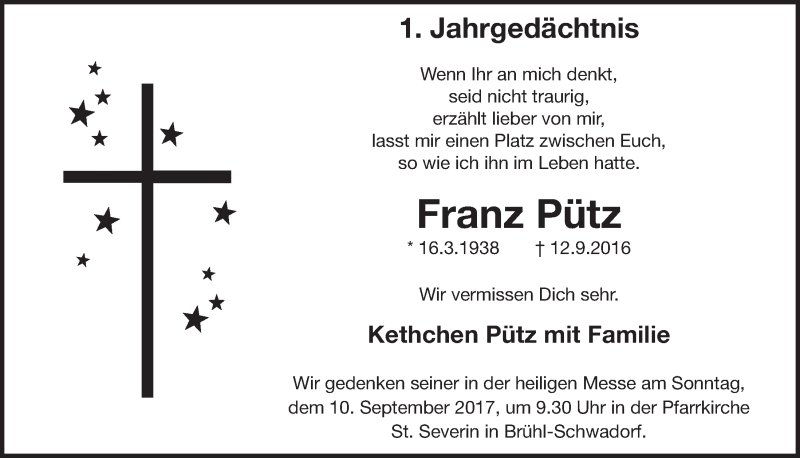  Traueranzeige für Franz Pütz vom 06.09.2017 aus  Schlossbote/Werbekurier 