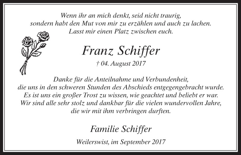  Traueranzeige für Franz Schiffer vom 16.09.2017 aus  Blickpunkt Euskirchen 