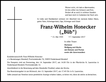 Anzeige von Franz-Wilhelm Honecker von Kölner Stadt-Anzeiger / Kölnische Rundschau / Express