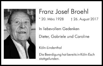 Anzeige von Franz Josef Broehl von Kölner Stadt-Anzeiger / Kölnische Rundschau / Express