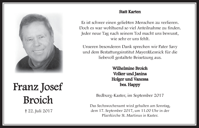  Traueranzeige für Franz Josef Broich vom 06.09.2017 aus  Werbepost 