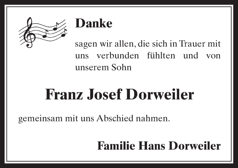  Traueranzeige für Franz Josef Dorweiler vom 27.09.2017 aus  Werbepost 