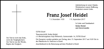 Anzeige von Franz Josef Heidel von Kölner Stadt-Anzeiger / Kölnische Rundschau / Express