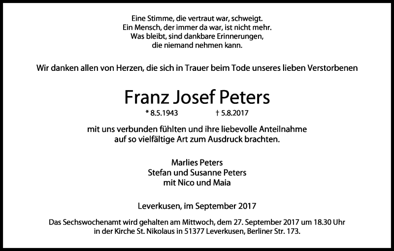  Traueranzeige für Franz Josef Peters vom 23.09.2017 aus Kölner Stadt-Anzeiger / Kölnische Rundschau / Express