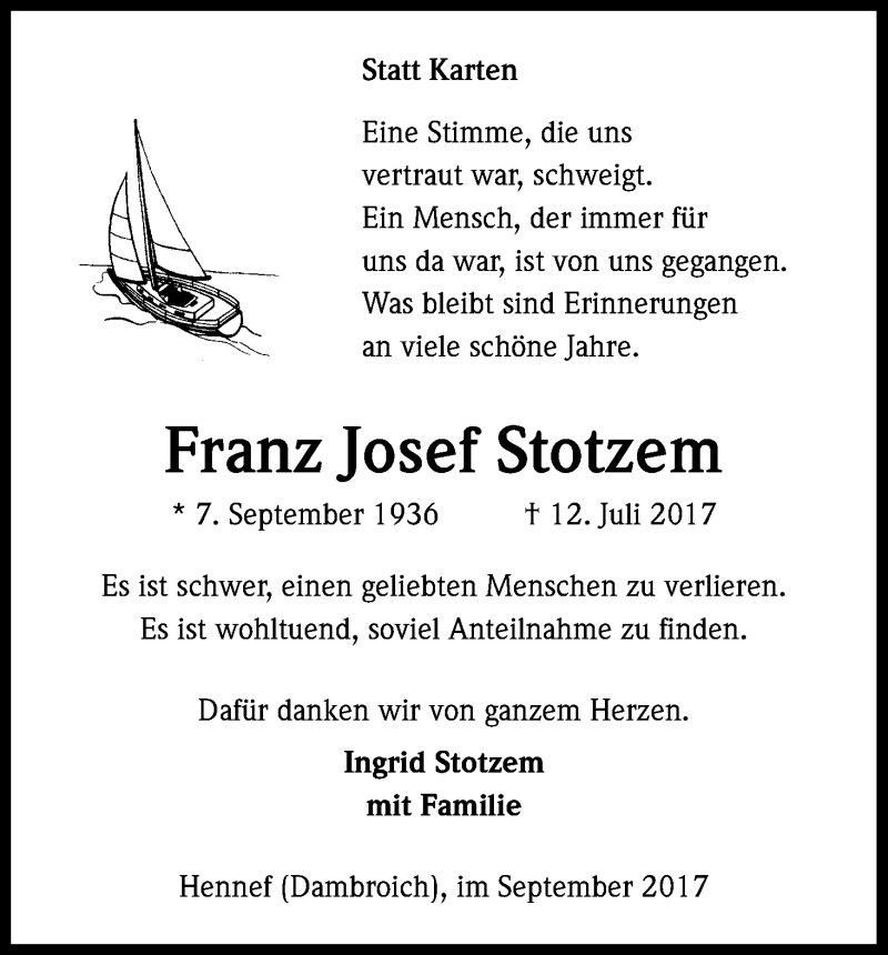  Traueranzeige für Franz Josef Stotzem vom 02.09.2017 aus Kölner Stadt-Anzeiger / Kölnische Rundschau / Express