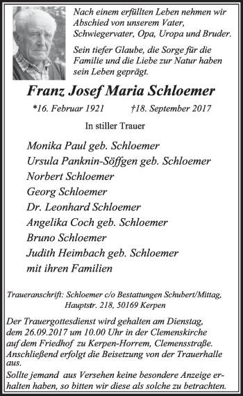 Anzeige von Franz Josef Maria Schloemer von  Sonntags-Post 