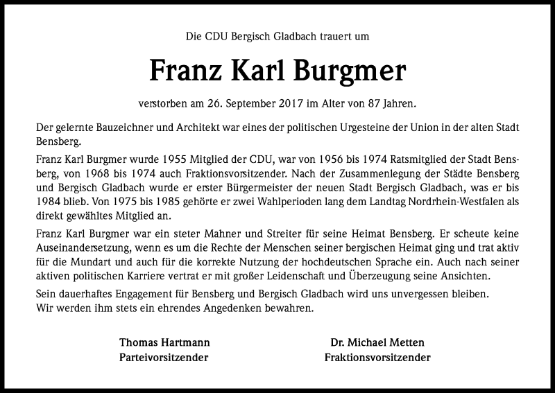  Traueranzeige für Franz Karl Burgmer vom 30.09.2017 aus Kölner Stadt-Anzeiger / Kölnische Rundschau / Express