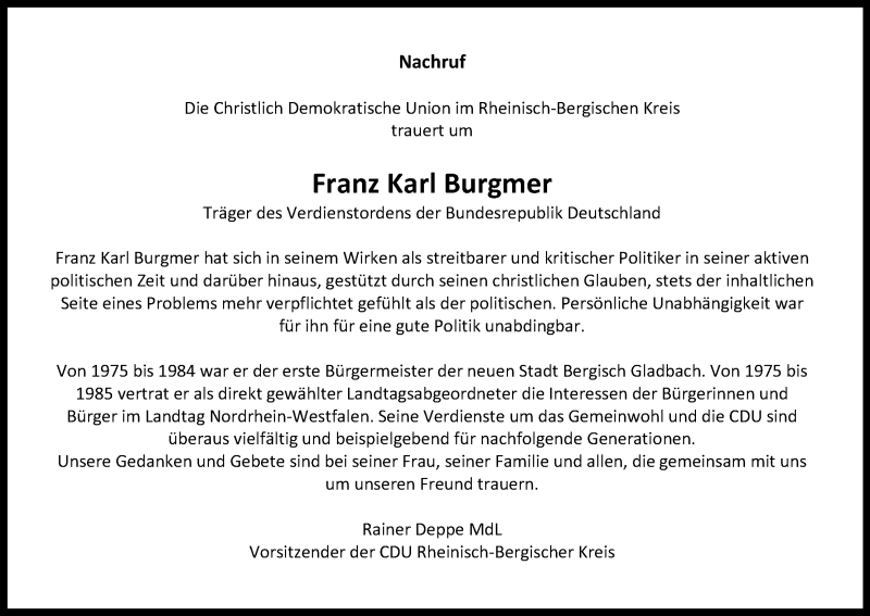  Traueranzeige für Franz Karl Burgmer vom 30.09.2017 aus Kölner Stadt-Anzeiger / Kölnische Rundschau / Express