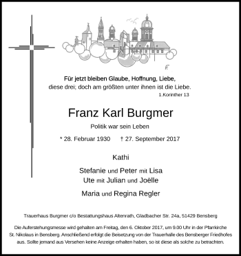 Anzeige von Franz Karl Burgmer von Kölner Stadt-Anzeiger / Kölnische Rundschau / Express