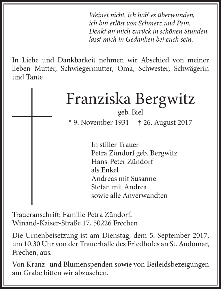  Traueranzeige für Franziska Bergwitz vom 02.09.2017 aus  Sonntags-Post 