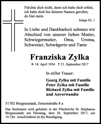 Anzeige von Franziska Zylka von Kölner Stadt-Anzeiger / Kölnische Rundschau / Express