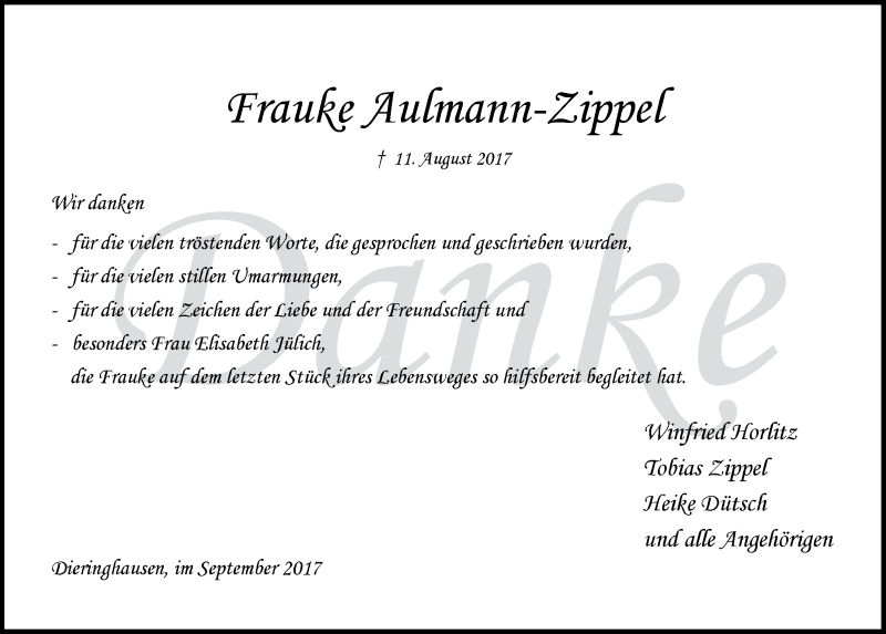  Traueranzeige für Frauke Aulmann-Zippel vom 20.09.2017 aus  Anzeigen Echo 