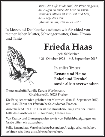 Anzeige von Frieda Haas von  Sonntags-Post 