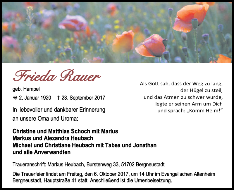  Traueranzeige für Frieda Rauer vom 30.09.2017 aus Kölner Stadt-Anzeiger / Kölnische Rundschau / Express