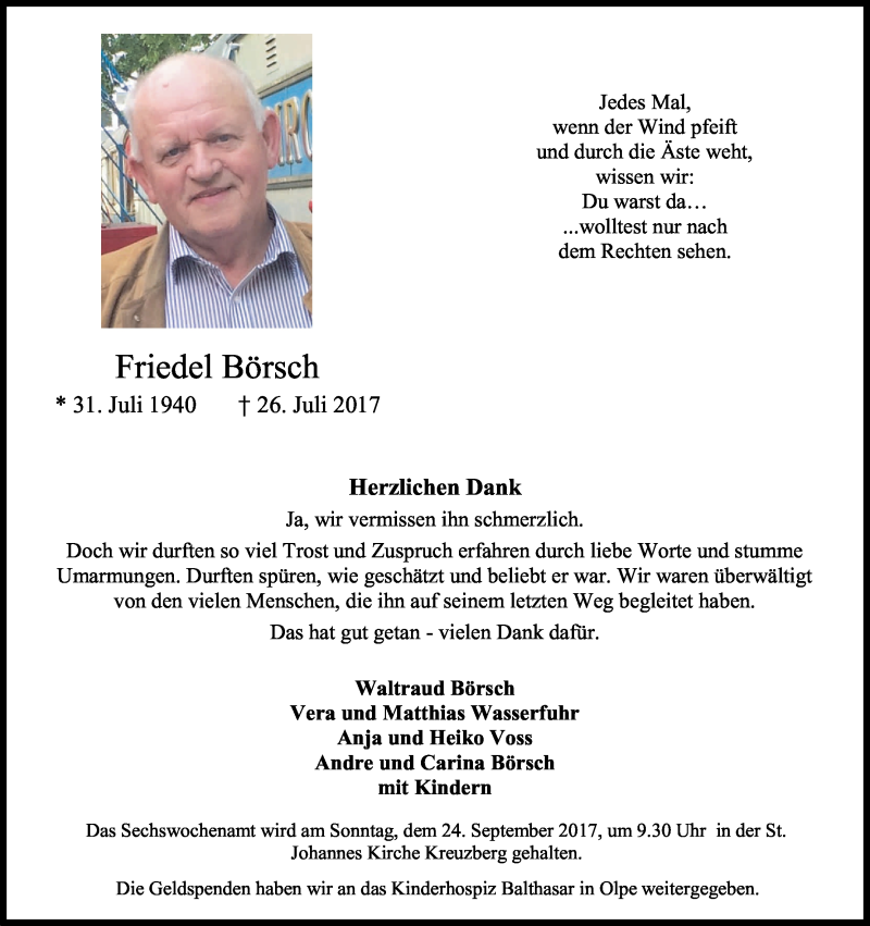  Traueranzeige für Friedel Börsch vom 16.09.2017 aus Kölner Stadt-Anzeiger / Kölnische Rundschau / Express