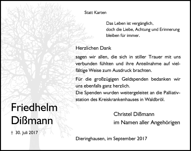  Traueranzeige für Friedhelm Dißmann vom 20.09.2017 aus  Anzeigen Echo 