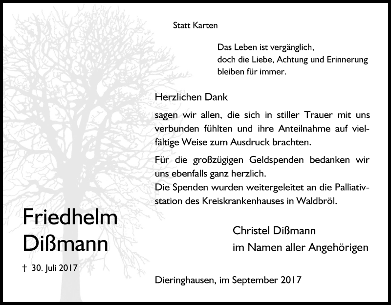  Traueranzeige für Friedhelm Dißmann vom 15.09.2017 aus Kölner Stadt-Anzeiger / Kölnische Rundschau / Express