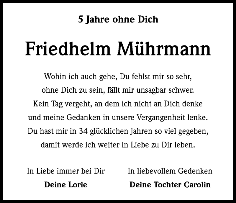  Traueranzeige für Friedhelm Mührmann vom 04.09.2017 aus Kölner Stadt-Anzeiger / Kölnische Rundschau / Express