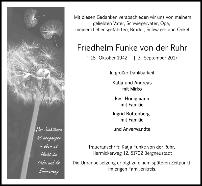  Traueranzeige für Friedhelm Funke von der Ruhr vom 09.09.2017 aus Kölner Stadt-Anzeiger / Kölnische Rundschau / Express