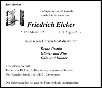 Anzeige von Friedrich Eicker von Kölner Stadt-Anzeiger / Kölnische Rundschau / Express