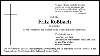 Anzeige von Fritz Roßbach von Kölner Stadt-Anzeiger / Kölnische Rundschau / Express