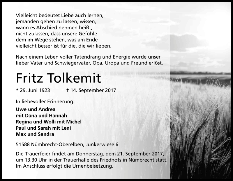  Traueranzeige für Fritz Tolkemit vom 16.09.2017 aus Kölner Stadt-Anzeiger / Kölnische Rundschau / Express