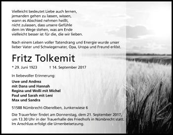 Anzeige von Fritz Tolkemit von Kölner Stadt-Anzeiger / Kölnische Rundschau / Express