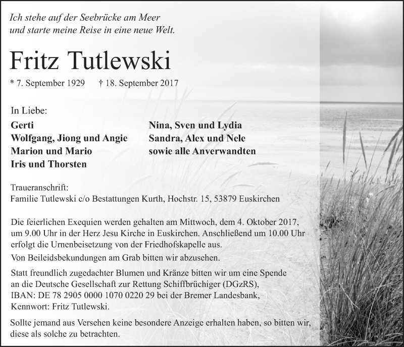  Traueranzeige für Fritz Tutlewski vom 23.09.2017 aus  Blickpunkt Euskirchen 