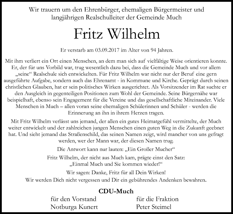  Traueranzeige für Fritz Wilhelm vom 09.09.2017 aus Kölner Stadt-Anzeiger / Kölnische Rundschau / Express